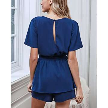 Utyful Women's Casual Short Sleeve Belted Keyhole Back One Piece Royal Blue Jumpsuit Romper Size Small (Fits US 4 - US 6)