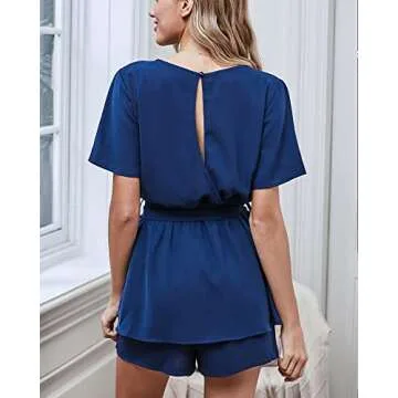 Utyful Women's Casual Short Sleeve Belted Keyhole Back One Piece Royal Blue Jumpsuit Romper Size Small (Fits US 4 - US 6)