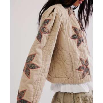 Gacaky Women's Lightweight Floral Embroidered Cropped Quilted Jacket Winter Warm Button Down Puffer Jacket Coat with Pockets Khaki S