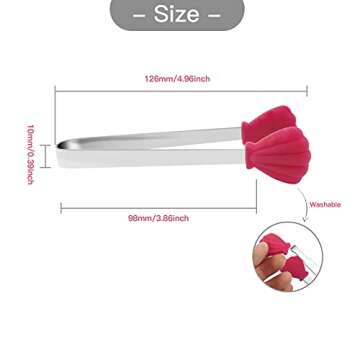 KUFUNG Silicone Mini Tongs,Stainless Steel Serving Food Tongs with Silicone Tips for Sugar Cubes,Ice,Appetizers,Toaster (XS-Oval shape, Red)