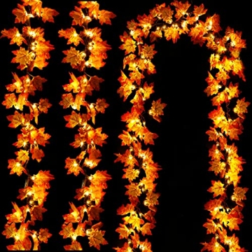 [ Timer & 3 Pack ] 30Ft Fall Garland Thanksgiving Decorations for Home 60 LED Leafed Lights Patented...