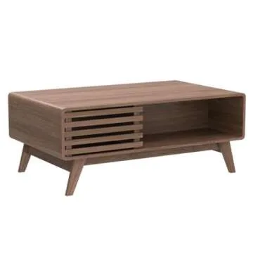 mopio Ensley Coffee Table with Storage, Mid Century Modern, Farmhouse Wood Coffee Table for Living Room Fluted (Walnut)