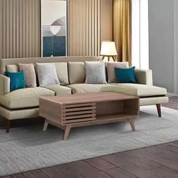 mopio Ensley Coffee Table with Storage, Mid Century Modern, Farmhouse Wood Coffee Table for Living Room Fluted (Walnut)