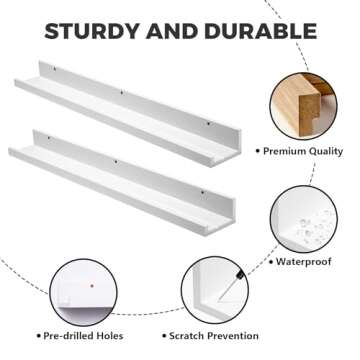 Muzilife 35.4" Large Floating Wall Ledge Shelves with Lip - Set of 2 Wood Floating Shelves - White Wall Mounted Picture Ledge for Office, Bathroom, Bedroom, Living Room, Kitchen