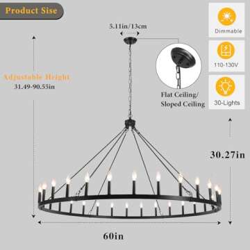 SJCCDSGS Black Extra Large Wagon Wheel Chandelier - 30 Lights Industrial Candle Fixture for High Cei...