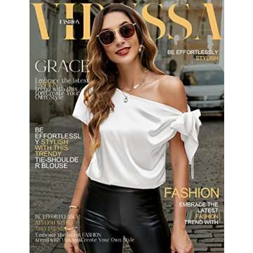 VIDUSSA Women's One Shoulder Tops Sexy Satin Silk Short Sleeve Blouse Shirts White L