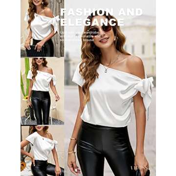 VIDUSSA Women's One Shoulder Tops Sexy Satin Silk Short Sleeve Blouse Shirts White L