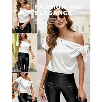 VIDUSSA Women's One Shoulder Tops Sexy Satin Silk Short Sleeve Blouse Shirts White L