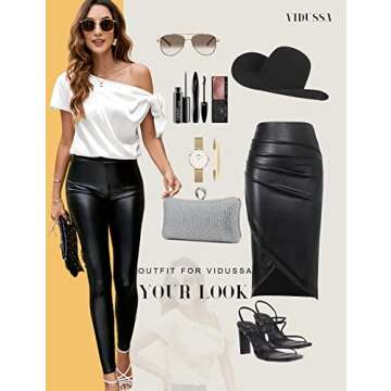 VIDUSSA Women's One Shoulder Tops Sexy Satin Silk Short Sleeve Blouse Shirts White L