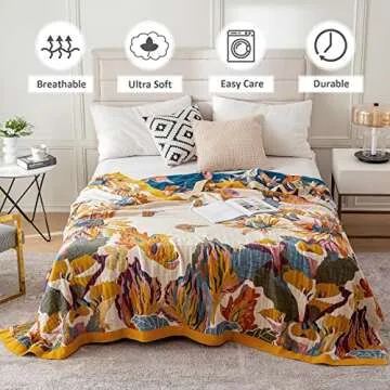 Boho Throw Blanket for Bed - 100% Cotton Ultra Soft Rustic Quilt - Floral Printed Farmhouse Decor Fa...