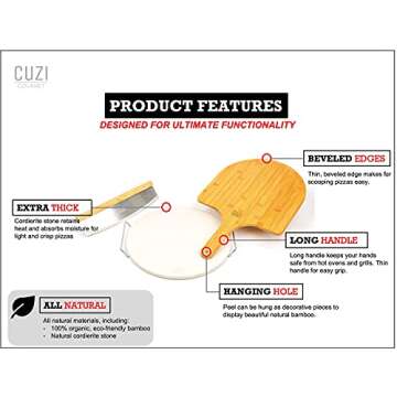 Cuzi Gourmet XL 4-Piece Pizza Stone Set - 15" Thermal Shock Resistant Cordierite Pizza Baking Stone, 22" Natural Bamboo Pizza Peel & Pizza Cutter Rocker - Large Pizza Stone for Grill and Oven
