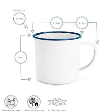 Rink Drink White Enamel Espresso Coffee Mugs - 150ml - Blue Trim - Pack of 6