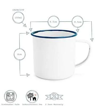 Rink Drink White Enamel Espresso Coffee Mugs - 150ml - Blue Trim - Pack of 6