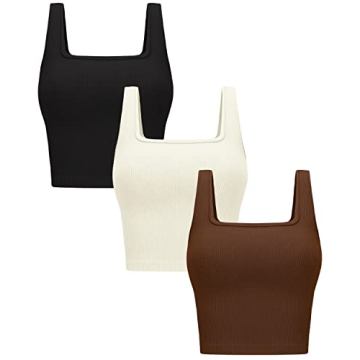 OLCHEE Women's 3 Pack Crop Tank Tops - Seamless Ribbed Sleeveless Square Neck Yoga Gym Shirts, Black...