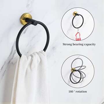 Hinmood 5 Pieces Bathroom Hardware Set Black Gold, Towel Rack Including 2pcs 16 inch Tower Bar, Towel Ring and 2 PCS Towel Hooks
