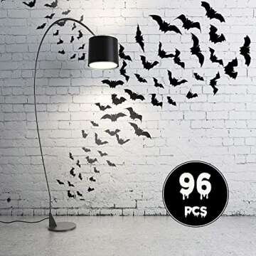 96Pcs DIY 3D Bats Halloween Decorations, 4 Different Sizes PVC Bat Stickers for Home Decor / Wall Decor / Indoor Party Decorations, with Double-Sided Adhesive Included