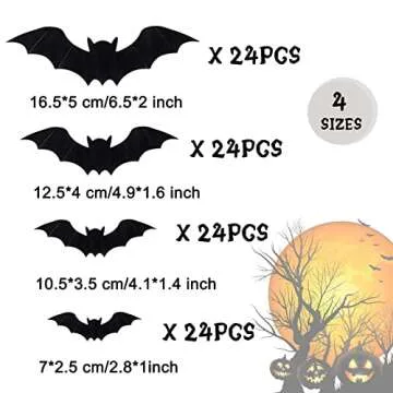 96Pcs DIY 3D Bats Halloween Decorations, 4 Different Sizes PVC Bat Stickers for Home Decor / Wall Decor / Indoor Party Decorations, with Double-Sided Adhesive Included