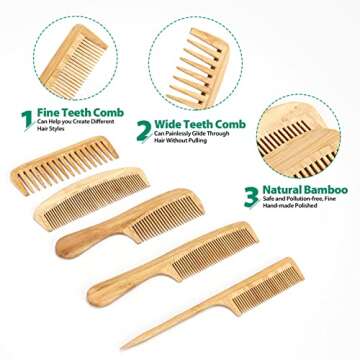 5 Pcs Natural Handmade Bamboo Anti-Static Combs Set - Wide Tooth, Rat Tail and Fine Tooth for Long, ...