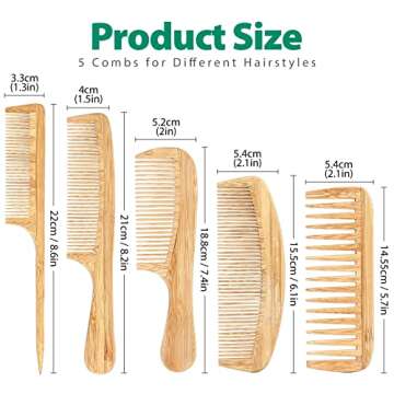 Natural Bamboo Combs Set for All Hair Types - 5 Pcs