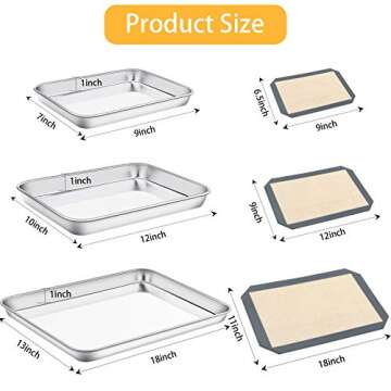 Stainless Steel Baking Sheet with Silicone Mat Set, Set of 6 (3 Sheets + 3 Mats),Size 18,12,9 inch, Estmoon Nonstick Cookie Sheet Baking Pan Non Toxic & Heavy Duty & Easy Clean, Dishwasher Safe