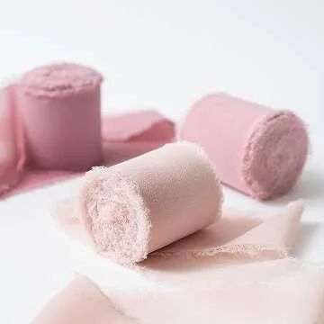 Maclemon Handmade Fringe Dusty Rose Nude Pink Mauve Chiffon Silk Ribbon 3 Rolls 2" x 7Yd Ribbons Set for Wedding Invitations,Bridal Bouquets,Gifts Wrapping,DIY Crafts