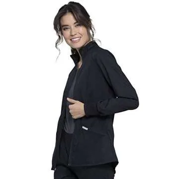 Cherokee Womens Zip Up Scrub Jackets with Breathable Mesh and Shirttail Hemline WW301, XS, Black