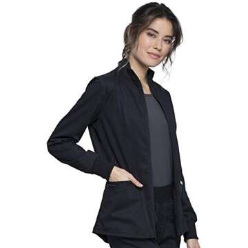 Cherokee Womens Zip Up Scrub Jackets with Breathable Mesh and Shirttail Hemline WW301, XS, Black