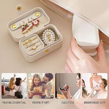 QIOCKTO PU Leather Travel Jewelry Box,mini Organizer Jewelry Case Holder Travel Size Travel Essentials for Lipstick,Ring,Pendant,White Small Travel Jewelry Birthday Gifts for Women Girls