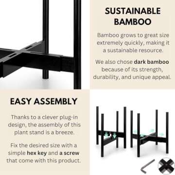Fox & Fern Adjustable Plant Stand Indoor — 8 to 12 Inch Mid Century Bamboo Plant Stand with Adjustable Width; Plug In Design; Easy to Assemble; Two Height Options - For 8, 9, 10, 11 & 12 Inch Pots