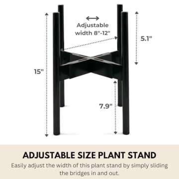 Fox & Fern Adjustable Plant Stand Indoor — 8 to 12 Inch Mid Century Bamboo Plant Stand with Adjustable Width; Plug In Design; Easy to Assemble; Two Height Options - For 8, 9, 10, 11 & 12 Inch Pots