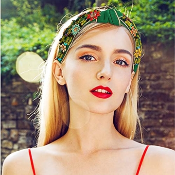 Globalstore Crystal Wide Headbands Rhinestone Knot Headband Non Slip, Vintage Beaded Headbands Handmade with Flower Sequins, Elastic Hair Accessories Gifts for Mom Women Girls Mothers Day Gifts