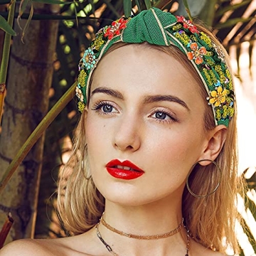 Globalstore Crystal Wide Headbands Rhinestone Knot Headband Non Slip, Vintage Beaded Headbands Handmade with Flower Sequins, Elastic Hair Accessories Gifts for Mom Women Girls Mothers Day Gifts