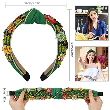 Globalstore Crystal Wide Headbands Rhinestone Knot Headband Non Slip, Vintage Beaded Headbands Handmade with Flower Sequins, Elastic Hair Accessories Gifts for Mom Women Girls Mothers Day Gifts
