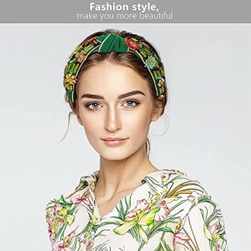 Globalstore Crystal Wide Headbands Rhinestone Knot Headband Non Slip, Vintage Beaded Headbands Handmade with Flower Sequins, Elastic Hair Accessories Gifts for Mom Women Girls Mothers Day Gifts