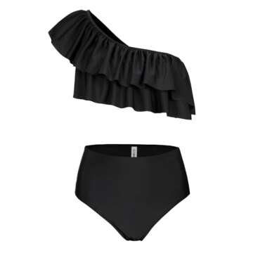 VIMPUNEC Ruffle One Shoulder Swimsuits for Women Cute High Waisted Two Piece Bathing Suits Solid Black