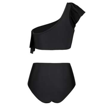 VIMPUNEC Ruffle One Shoulder Swimsuits for Women Cute High Waisted Two Piece Bathing Suits Solid Black