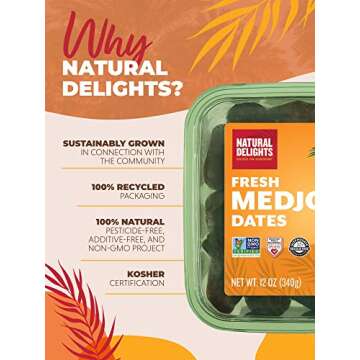 Natural Delights Medjool Dates – Large & Plump, Pitted Dates Medjool, Non-GMO Verified, Pesticide Free, Naturally Sweet Fruit Snack, Perfect for On-the-Go - Medjool Dates Pitted, 12 oz Container