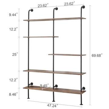 HOMISSUE 5-Tier Tall Wall Mounted Bookshelf - Industrial Style for Home and Office