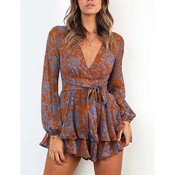 Relipop Women's Floral Print V Neck Baggy Sleeve Waist Tie Layered Ruffle Hem Short Casual Summer Ro...