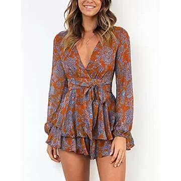 Relipop Women's Floral V Neck Ruffle Hem Summer Romper