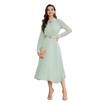 AbleTree Business Casual Shirt Dress with Pleated Hem and Belt for Women in Mint Green