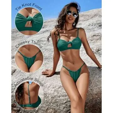 Honlyps Womens Brazilian Thong Sexy Bikini Sets Cheeky 2 Piece High Cut Swimsuit Bottoms Strapless Bandeau Bathing Suit Tops Peacock Green