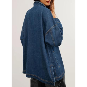 Sidefeel Women's Jean Jacket Oversized Boyfriend Button Up Long Sleeve Denim Jackets Deep Blue X-Large