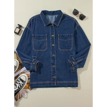 Sidefeel Women's Jean Jacket Oversized Boyfriend Button Up Long Sleeve Denim Jackets Deep Blue X-Large