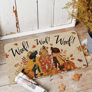 Artoid Mode Woof Dog Pumpkin Leaves Fall Doormat, Autumn Home Decor Low-Profile Switch Rug Door Mat Floor Mat for Indoor Outdoor 17x29 Inch