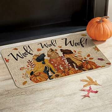 Artoid Mode Woof Dog Pumpkin Leaves Fall Doormat, Autumn Home Decor Low-Profile Switch Rug Door Mat Floor Mat for Indoor Outdoor 17x29 Inch