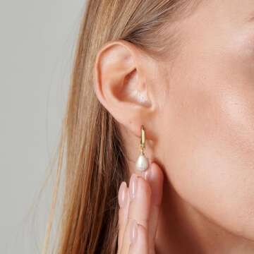 Risamil Pearl Earrings for Women, Gold Pearl Hoop Earrings for Women Trendy 14K Gold Plated Pearl Hoop Drop Earrings Jewelry Gifts for Women