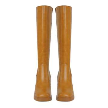 SOVANYOU Tan Boots Brown Knee High Boots for Women Chunky High Heeled Boots Faux Leather Tall Boots Square Toe Go-Go Boot, 7