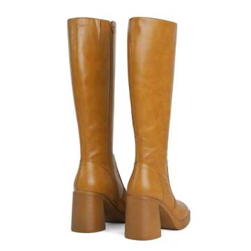 SOVANYOU Tan Boots Brown Knee High Boots for Women Chunky High Heeled Boots Faux Leather Tall Boots Square Toe Go-Go Boot, 7