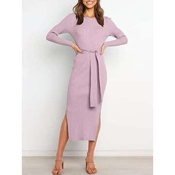 ANRABESS Womens Long Sleeve Sweater Dress Crew Neck Slim Fit Slit Tie Waist 2025 Ribbed Knit Bodycon Midi Dress Fall Outfits 623danzi-L Purple